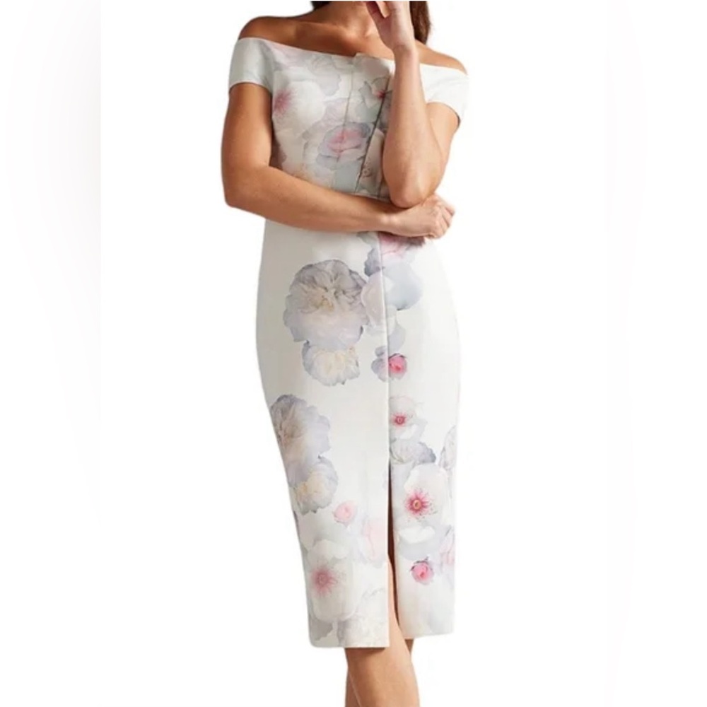 TED BAKER Lovez Short Bardot Sleeve Bodycon Pleated Floral White Dress size 6